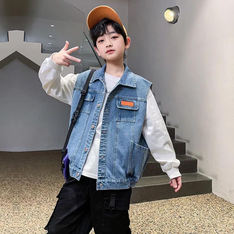 십대 소년 블루 데님 조끼 아동 의류 봄 가을 캐주얼 청바지 민소매 자켓 겉옷 십대 탑 아동복