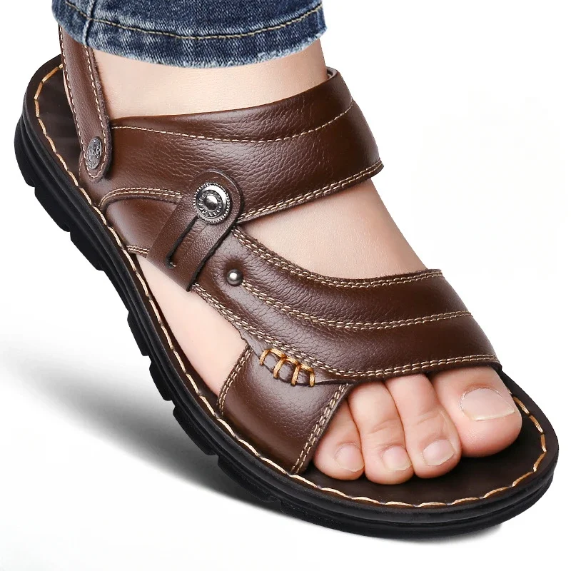 

Men's Summer New Sandals and Slippers Men's Leather Sandals Adult Thick-soled Beach Shoes Non-slip Open-toe Leather Sandals