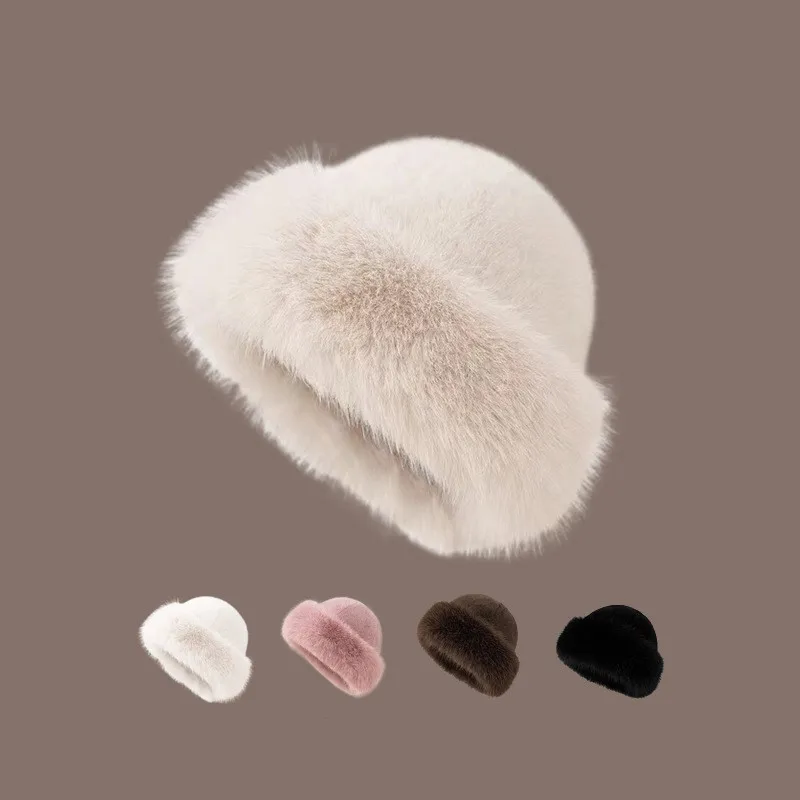 

Winter Women's Plush Wool Fisherman Hat Luxury Fluffy Practical Flip Cap Thickened Warm Filling Bucket Hat Elegant Fur Knitted