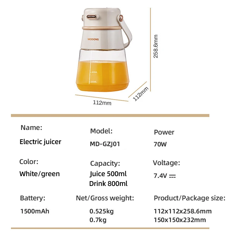 500ml Electric Juicer Portable Smoothie Blender Juicing Cup Wireless Fruit Mixers Orange Squeezer Juice Maker 1500mAh