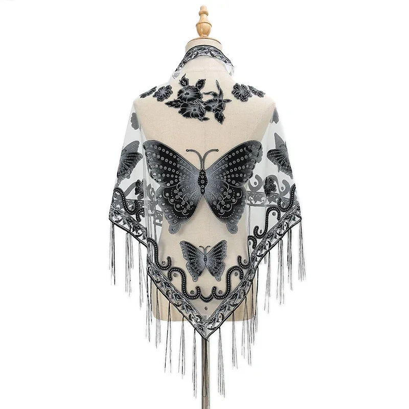 

Trend Women Tassel Triangle Scarf Solid Color Hollowed Lace Embroidered Butterfly Shawl Ladies Outdoor Leisure Beach Towel
