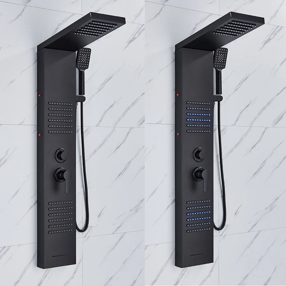Matte Black LED Shower Panel Waterfall Rain Shower Faucet Set SPA Massage Jet Bath Column