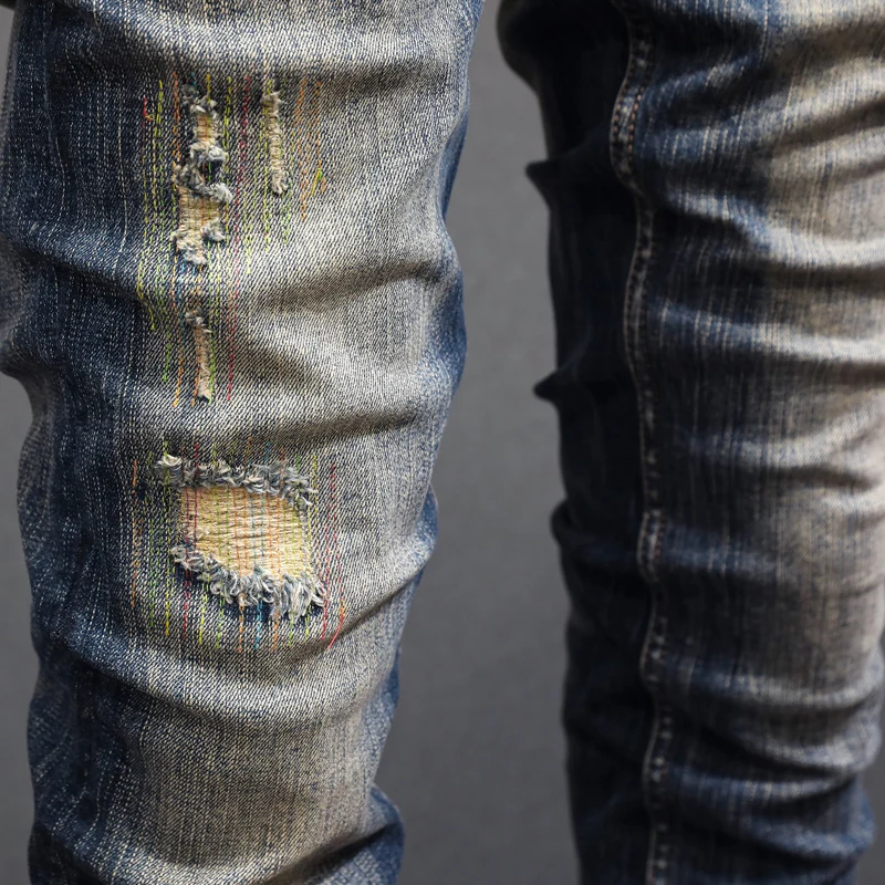Fashion Designer Men Jeans High Quality Retro Black Blue Elastic Slim Ripped Jeans Men Embroidery Patched Vintage Pants Hombre