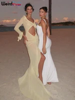 Weird Puss Sexy Sheer Women Dress Elegant Hollow V-Neck Splits Long Sleeves Ruffles Lace Ruched Bodycon Beach Vacation Clubwear - Image 4