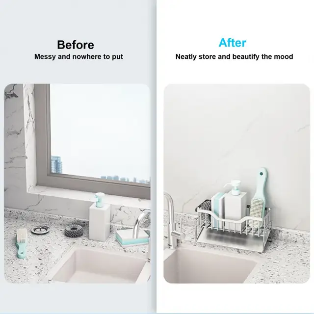 Hasznos, Könnyen Megtisztítható Mosdó Lefolyó Polc Kopásálló Tároló Rozsdamentes Acél Mosogatógép Folyékony Szivacs Munkalap Állvány - Image 5