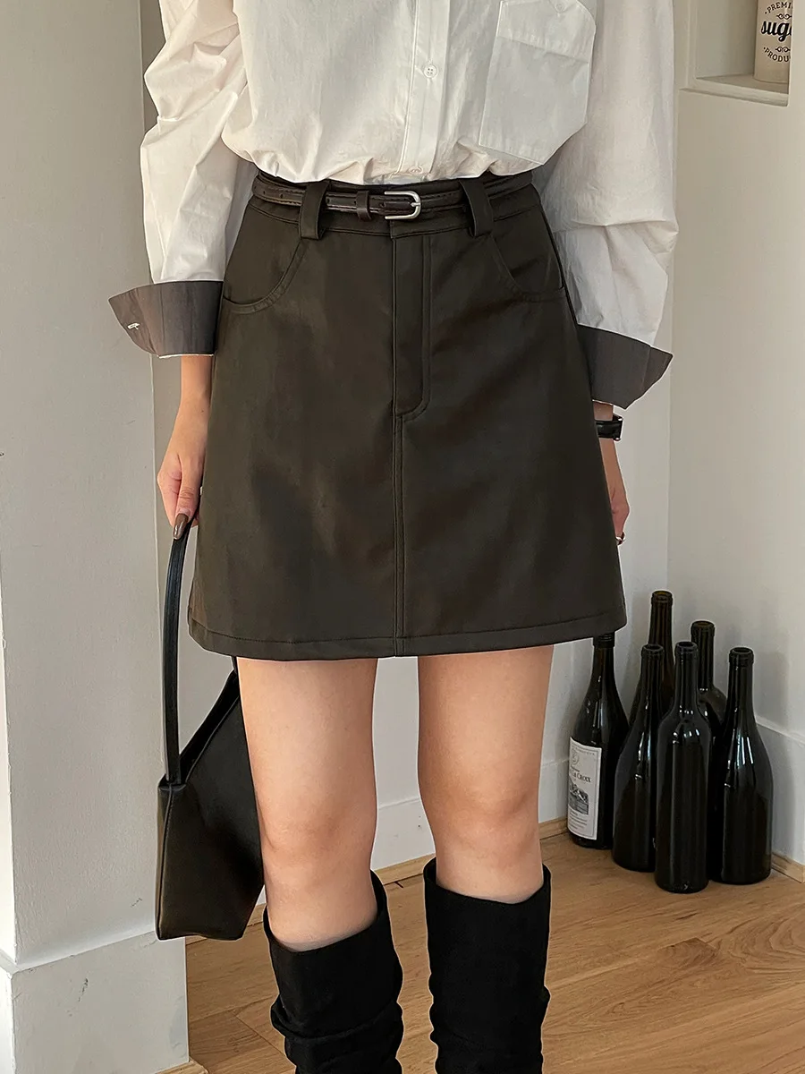 

ZHISILAO New Pu Leather Skirt for Women Vintage Faux Leather High Waist A-line Skirt Autumn 2023 Chic