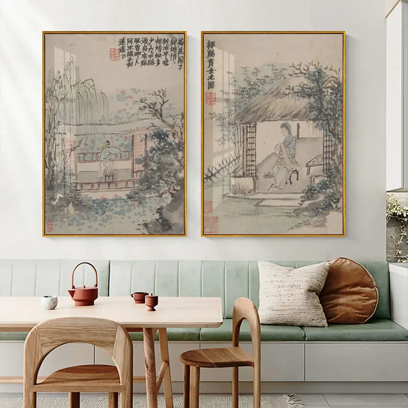 

Chinese Style Canvas Print Beige Mountain Forest Landscape Porch Ornament Wall Picture Painting Poster Living Room Home Decor