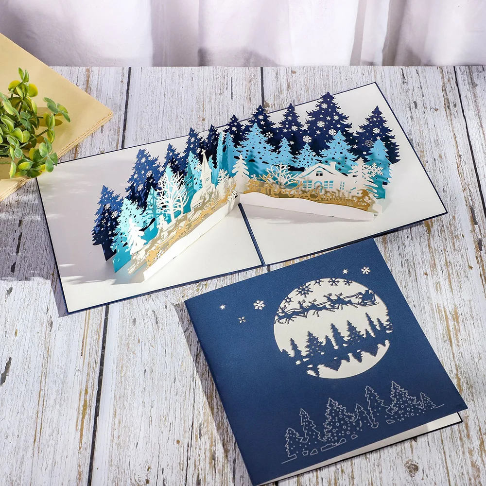 1PC 3D Christmas Forest Hollow Greeting Card DIY Handmade Foldable Invitation Card Christmas Wedding Holiday Gift