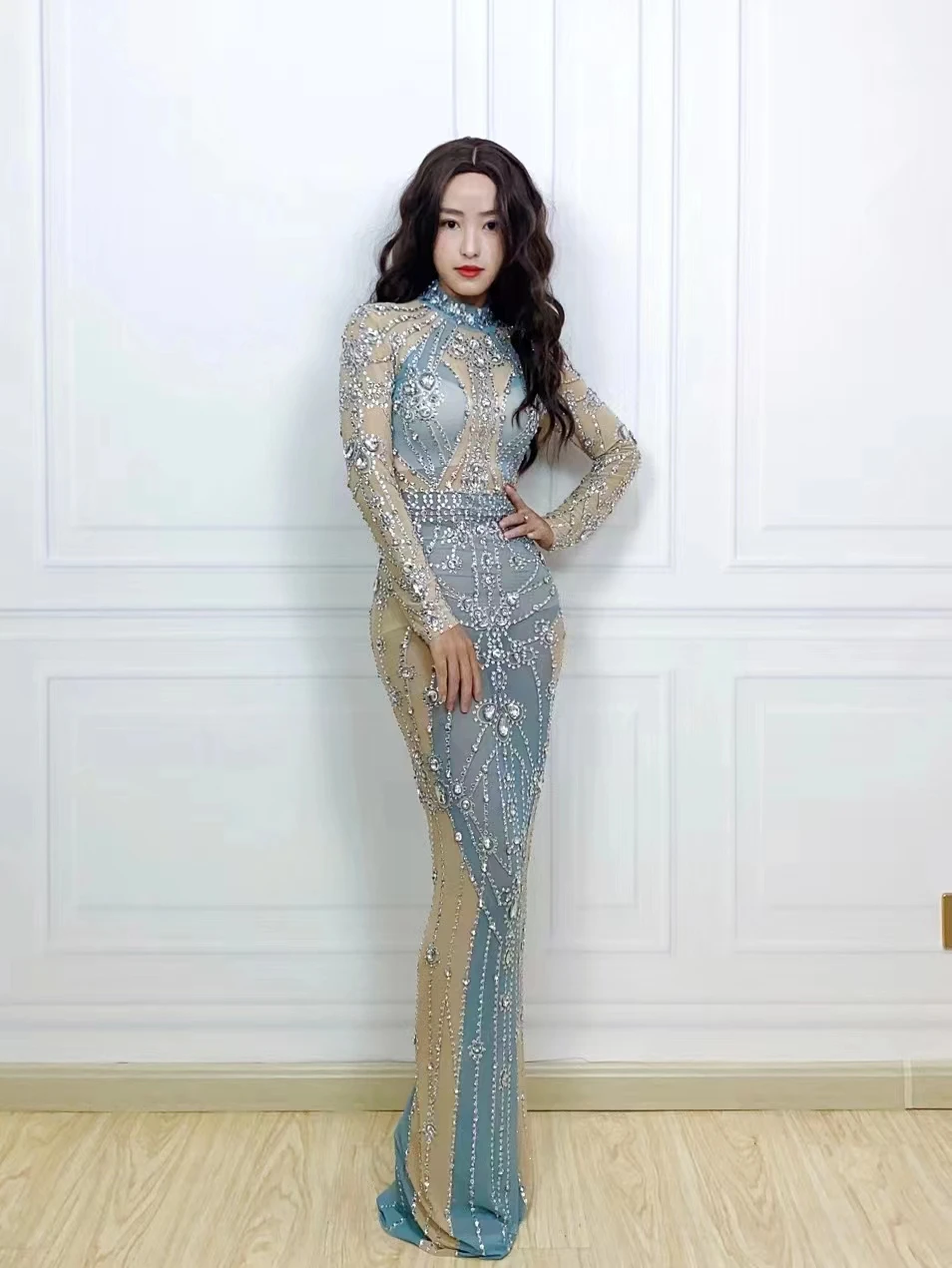 

Silver Rhinestones Transparent Long Dress Birthday Celebrate Mesh Dress Evening Dance Performance Party Outfit