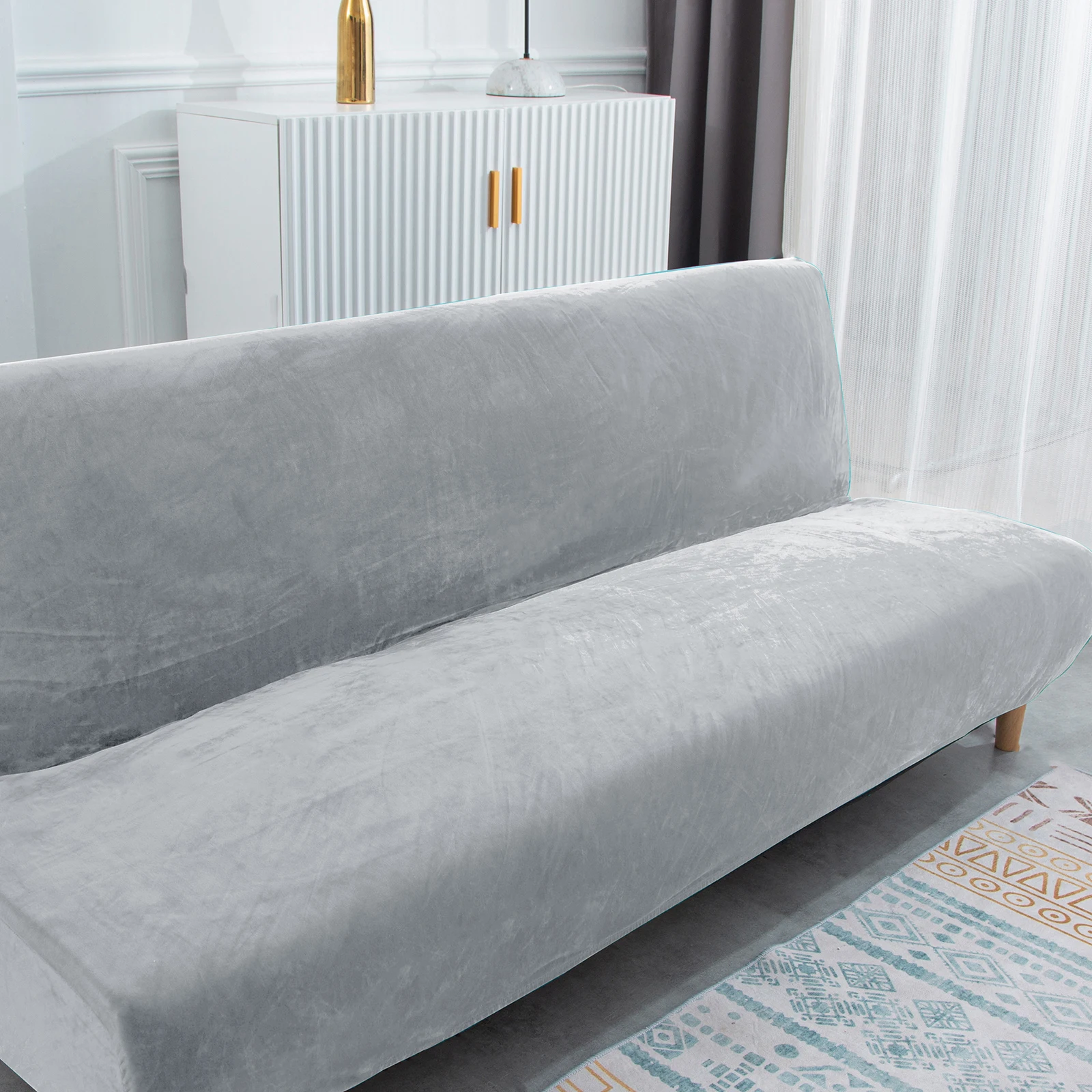 Velvet Armless Sofa Bed Covers Folding Seat Slipcover Modern Futon Stretch Sofa Bed Covers Living Room Elastic Couch Protector 5