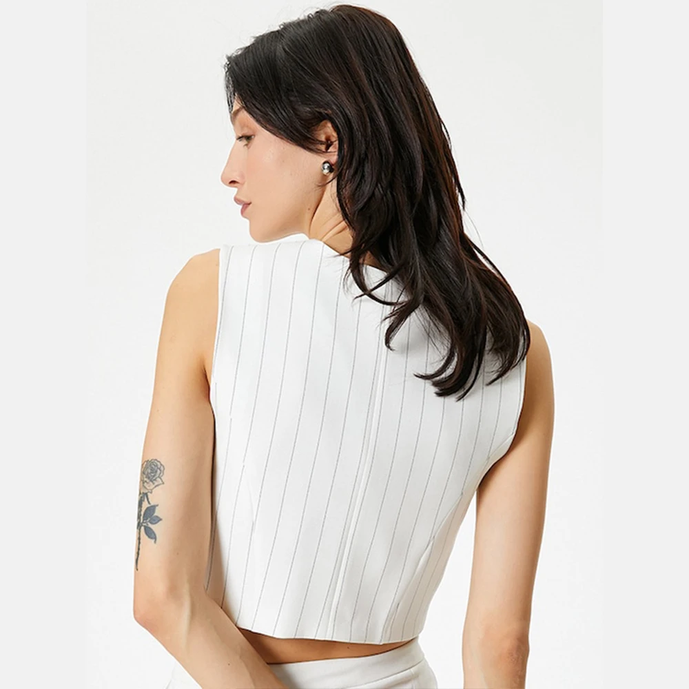 Sunmmer Wasitcoat Women Clothing Vests for Women V-Neck Female Fashion Casual Single Breasted Loose Stripe Clothes Coats Jackets