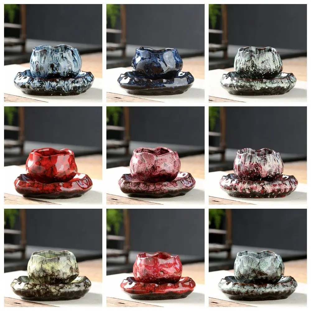 

Drinkware Ceramic Teacup Kit Gift Lotus Shape Kiln Transmutation Saucer Set Office Household Water Bowl