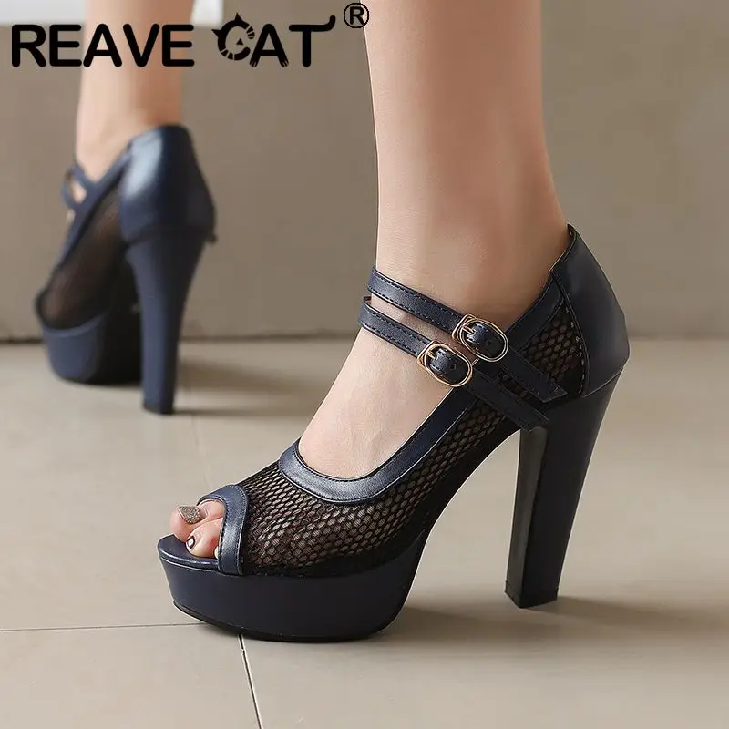 

REAVE CAT Fashion Women Sandals Peep Toe High Heels 11.5cm Platform 2.5cm Double Buckle Strap Breathable Mesh Sexy Party 49 50