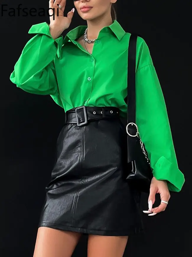 Basic Green Cotton Women's Oversize Shirt Spring Summer Blouses And