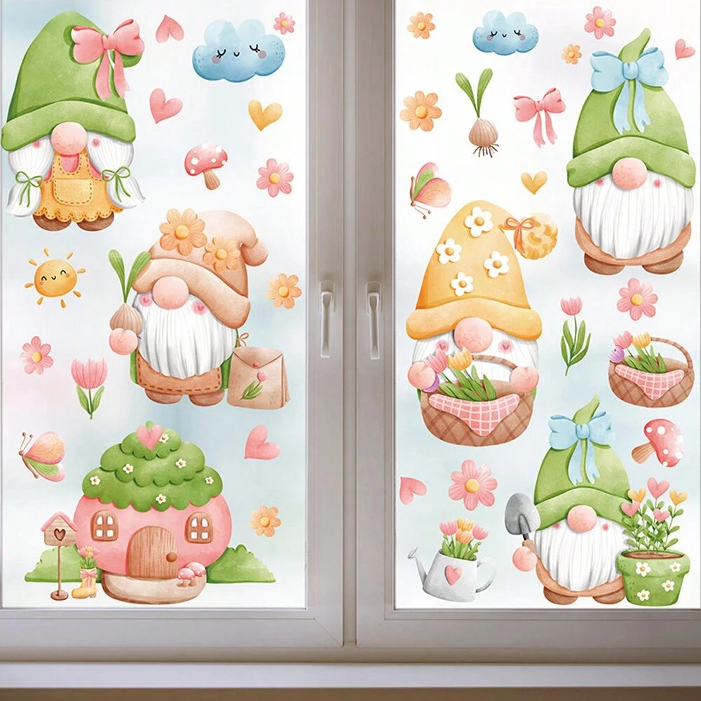 Spring Gnome Window Clings Double Sided Faceless Doll Static Stickers 9 Sheets Cute Glass Art Decals for Home DIY Decor Supplies