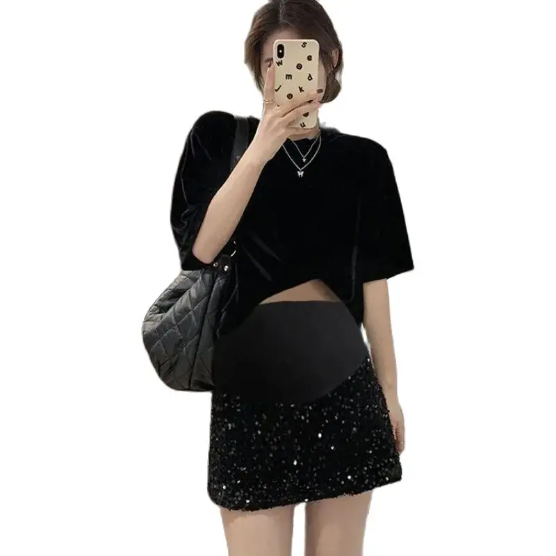 Pregnant Women's Short Skirt Spring and Autumn New Black Slimming Blingbling Bead Mini Skirt Fashion Maternity Sequin Slim