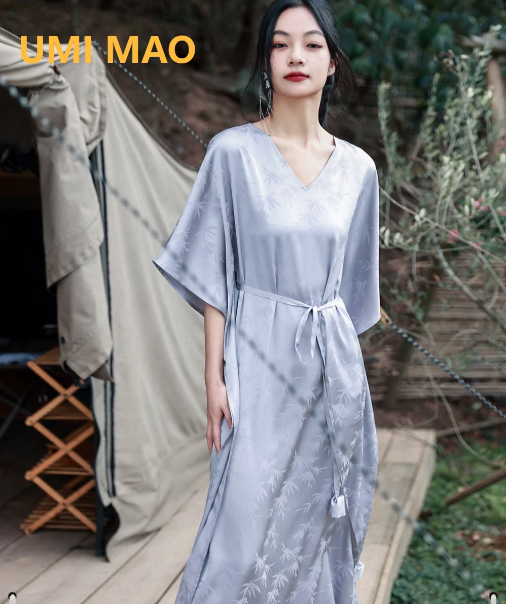 

UMI MAO New Chinese V-Neck Dress Elegant Women's Summer Beach Retro High Grade Feel Loose Slim Slit Style Skirt Femme