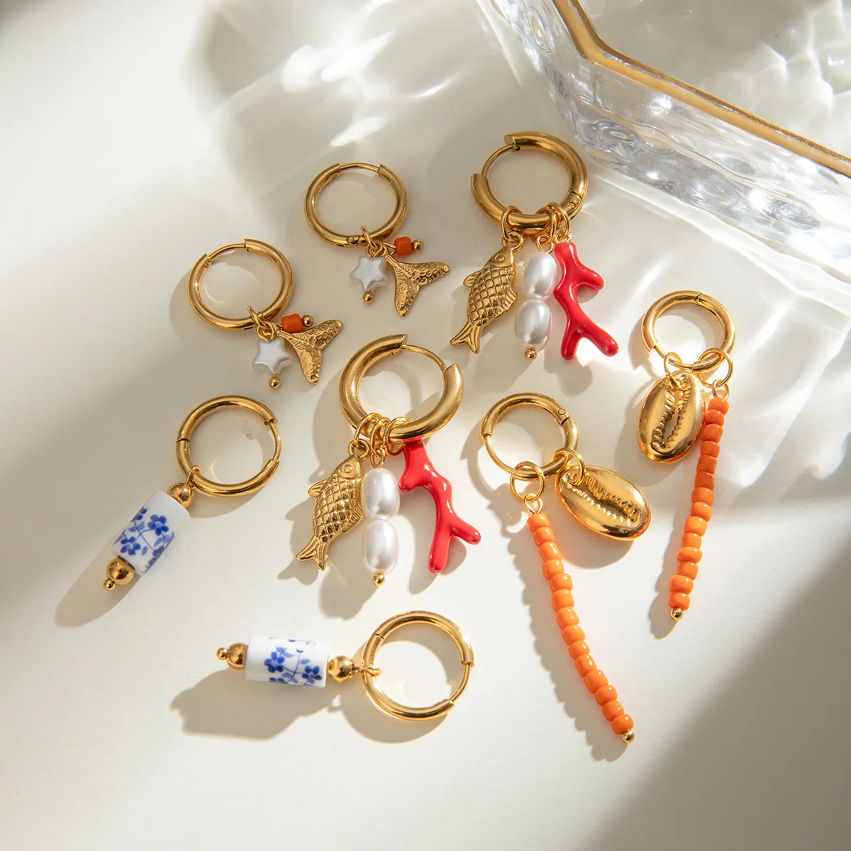 New Retro Waterproof Shell Cowboy Hat Fish Coral Pendant Drop Earrings 18K Gold Plated Anti Allergic Metal Huggie Hoop Earring