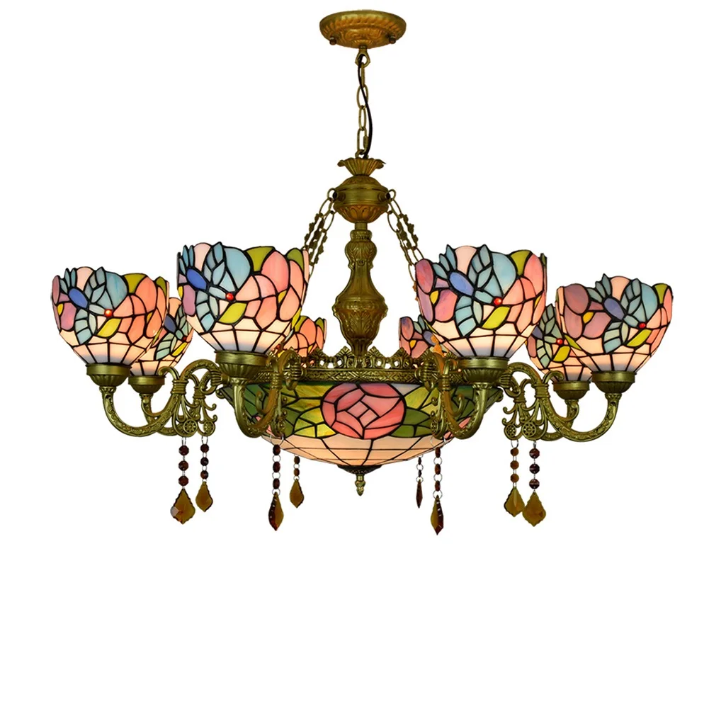 

8 heads Chandelier Stained glass Style Hummingbird Lamp Colorful Glass Chandelier Pendant Lamp For lobby living room restaurant