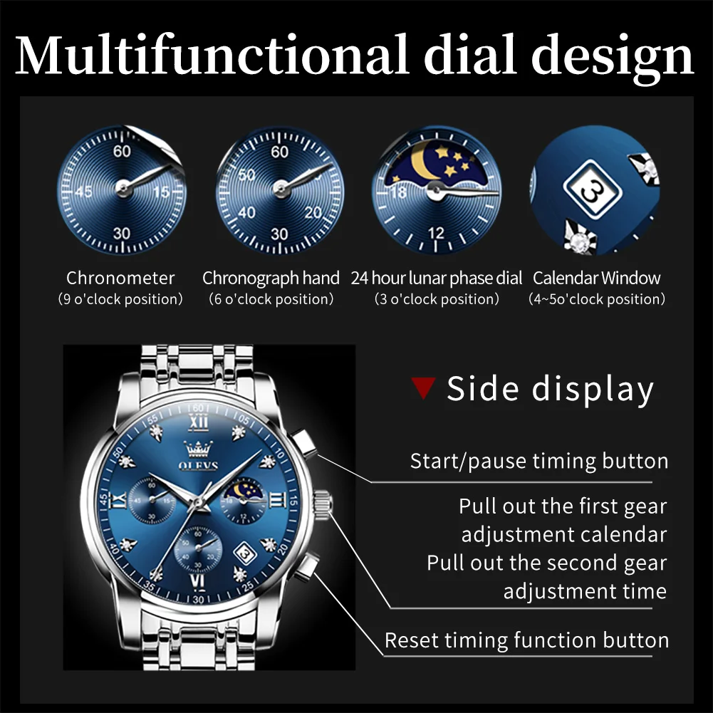 Classic Luxury Quartz Men's Watch with Moon Phase and Waterproof Stainless Steel Design