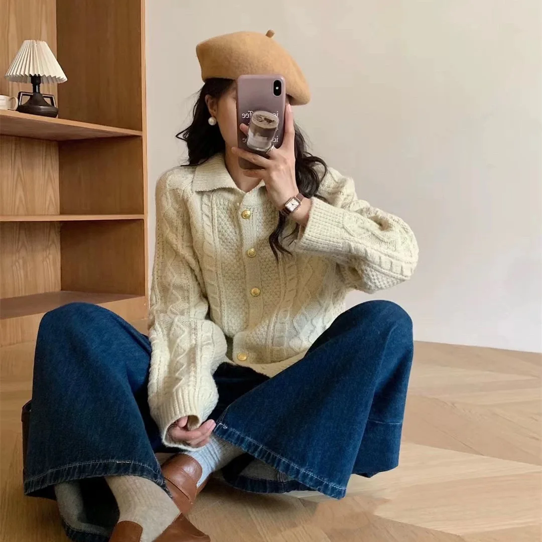 

Lingge Fried Dough Twists Polo Sweater Women's Autumn and Winter New Korean Slouchy Style Knitted Cardigan Coat