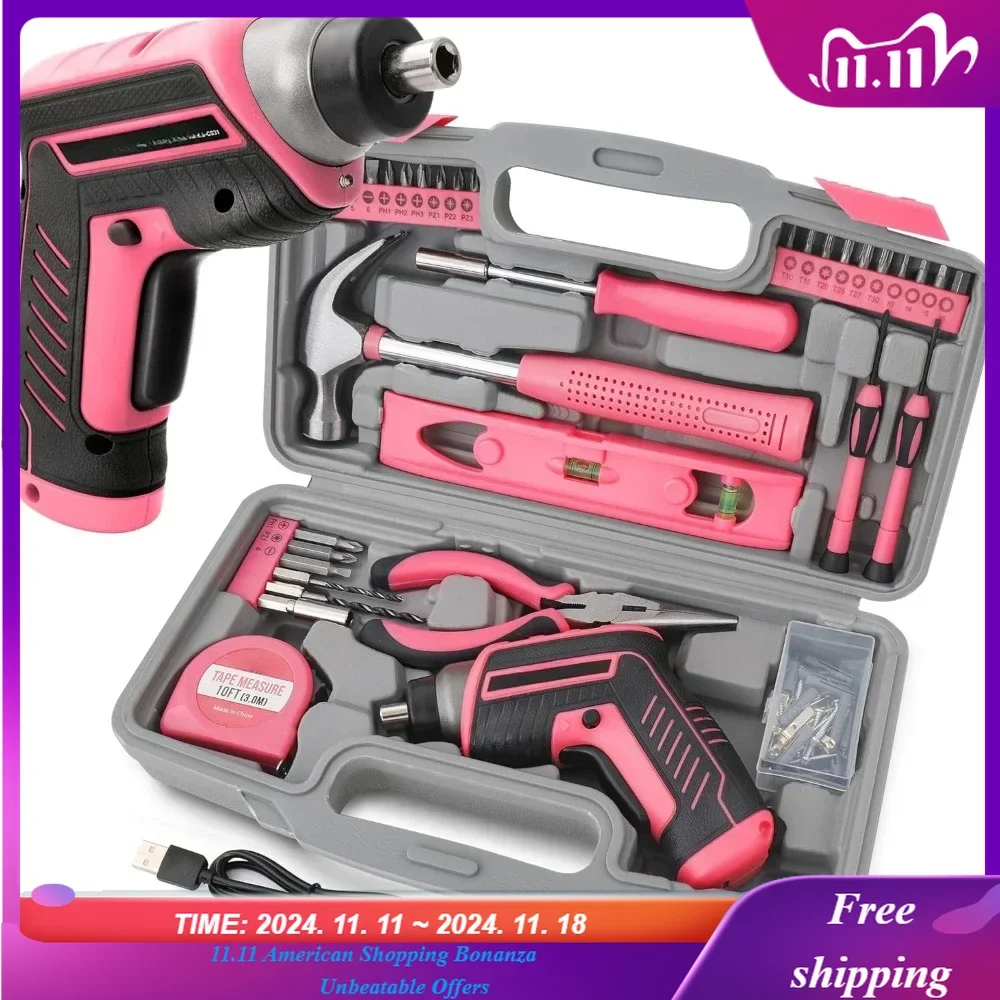 35pc Pink tool kit with 3.6V USB Electric Screwdriver and drill set. Complete women tool set pelican case toolbox
