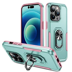 Heavy Duty Shockproof Anti - Scratch Armor Phone Case with Ring Holder - iP14 Pro (Pink Green)