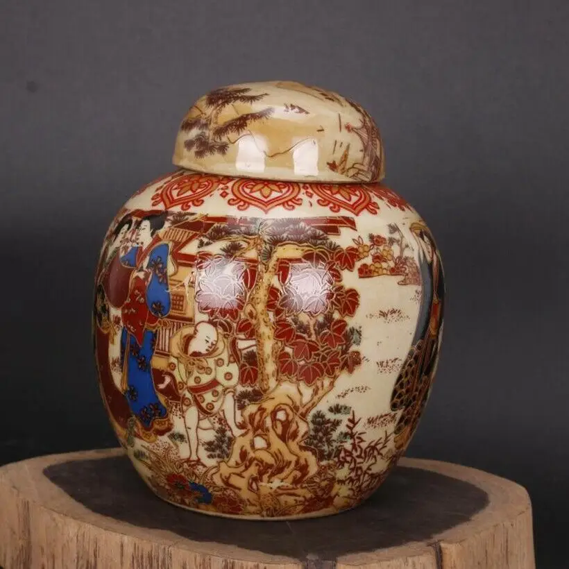 Old Chinese porcelain color Hand Painted Kimono beauty jar pots Tea caddy