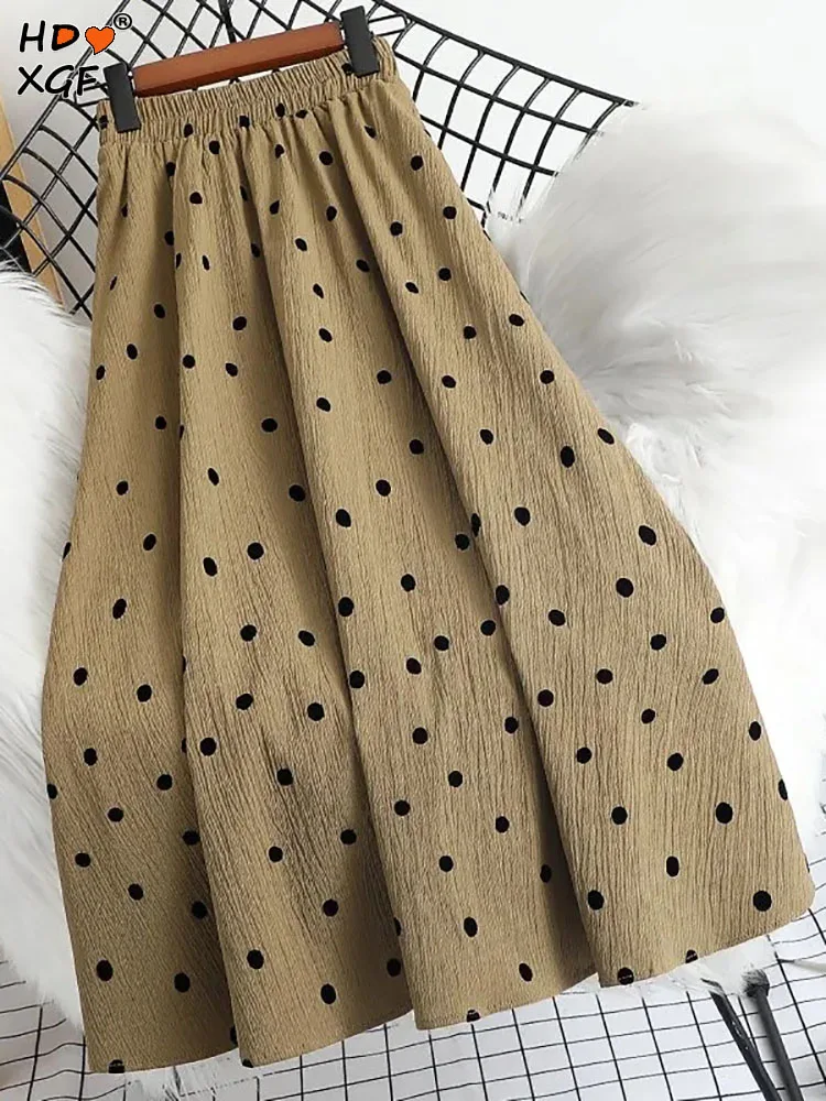 

Spring Summer Dot A Line Midi Skirts For Women Vintage Elastic High Waist Pleated Umbrella Skirt Korean Fashion Skirt Streetwear