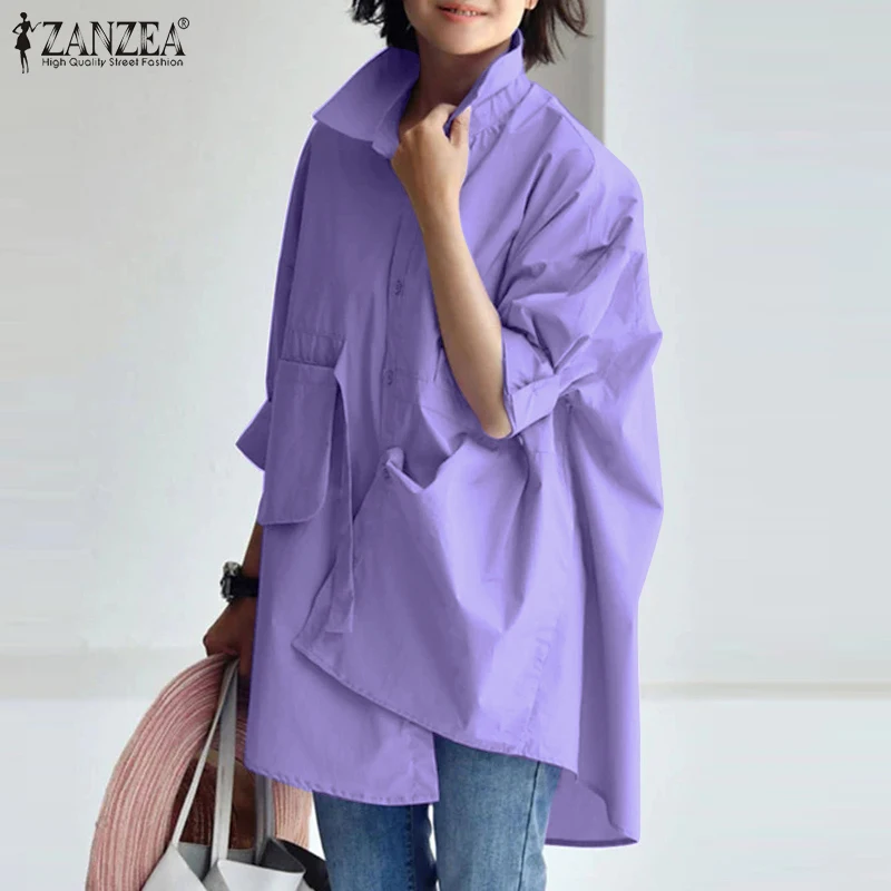 ZANZEA Frauen Chic Shirts Lose Beiläufige drehen-unten Kragen 3/4 Hülse Oversize Chemise Femme 2025, Frühling Sommer Einfarbig tops – Detail 10