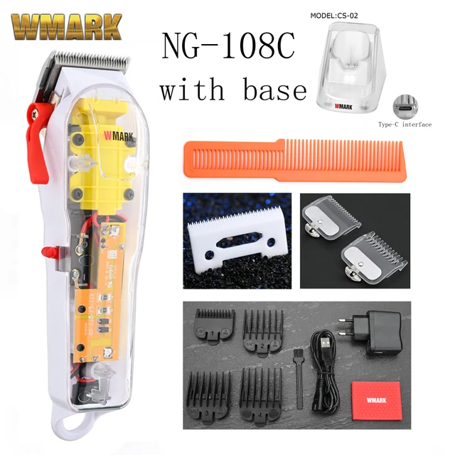 2021 WMARK New Model NG-108 Rechargeable Hair Cutting Machine Hair Clippers Trimmer Transparent Cover White Or Red Base 7300rpm 108C with base