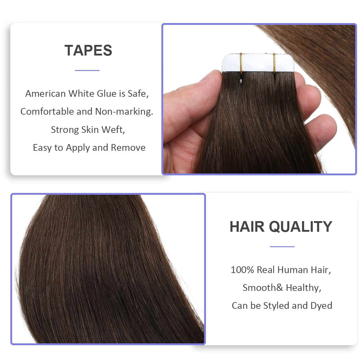 Sindra Tape in Hair Extensions Remy Human Hair 14-22inch 20pcs Straight Seamless Skin Weft Tape Extensions Dark Brown