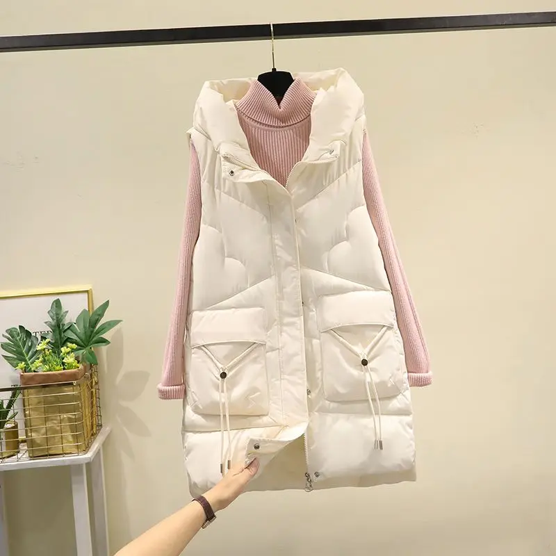 

Hooded Women's Sleeveless Jacket Zipper Loose Ladies Waistcoat Pockets Solid Quilted Casual Winter Female Puffer Vests Fashion