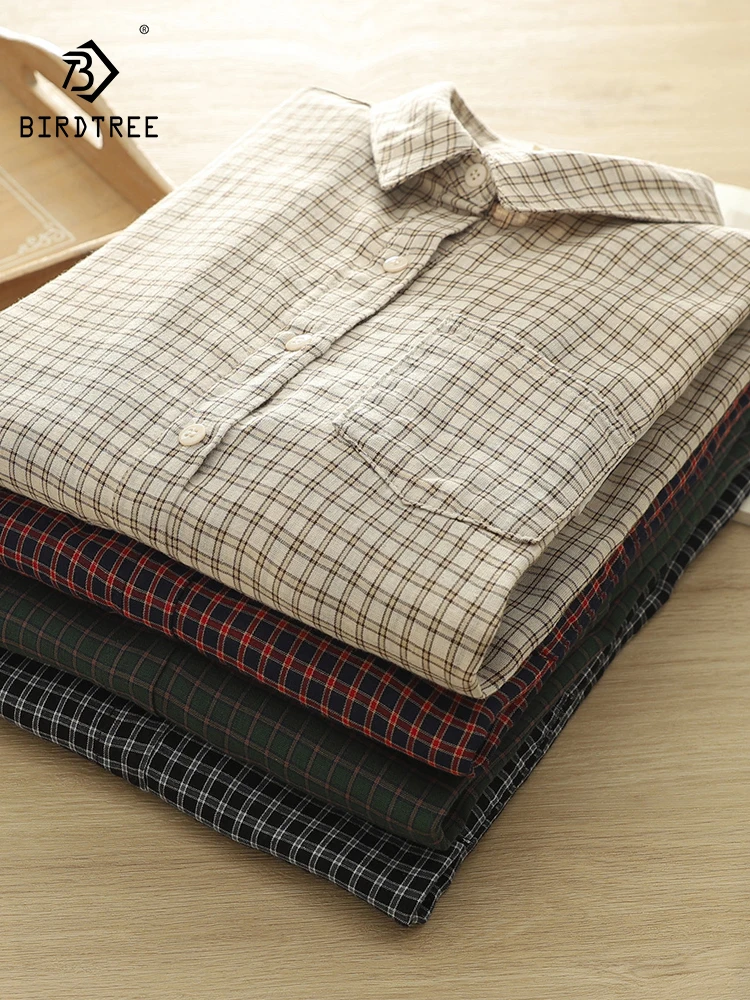 Women Autumn Plaid Turn-down Collar 100%Cotton Shirt