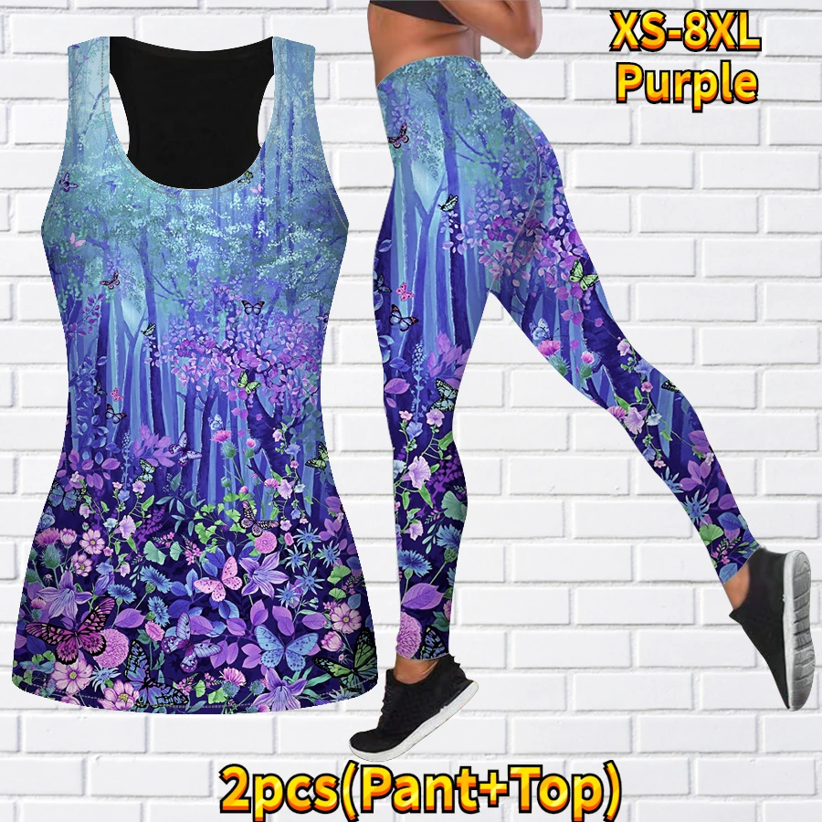 Women\'s 2-piece Yoga Set Sleeveless Casual Sports Vest Yoga Set 3D Beautiful Small Floral Print Sportswear Set XS-8XL