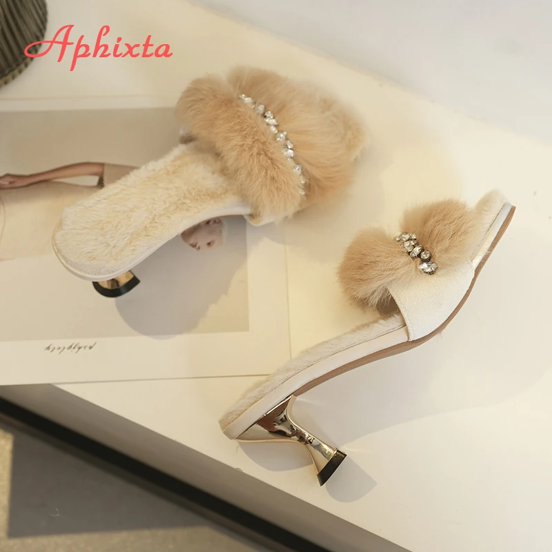 Aphixta Furry Warm Women's Slides Luxury Crystal Slip-On Autumn Spring Shoes with Spike Heel Long Plush Modern Slippers Shoes