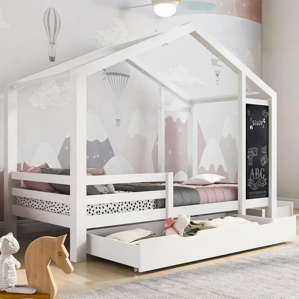 Full Size with Storage Drawers for Kid Bedroom,Solid Wood w/Blackboard Design,Super Save Space & No Box Spring Needed, White 3