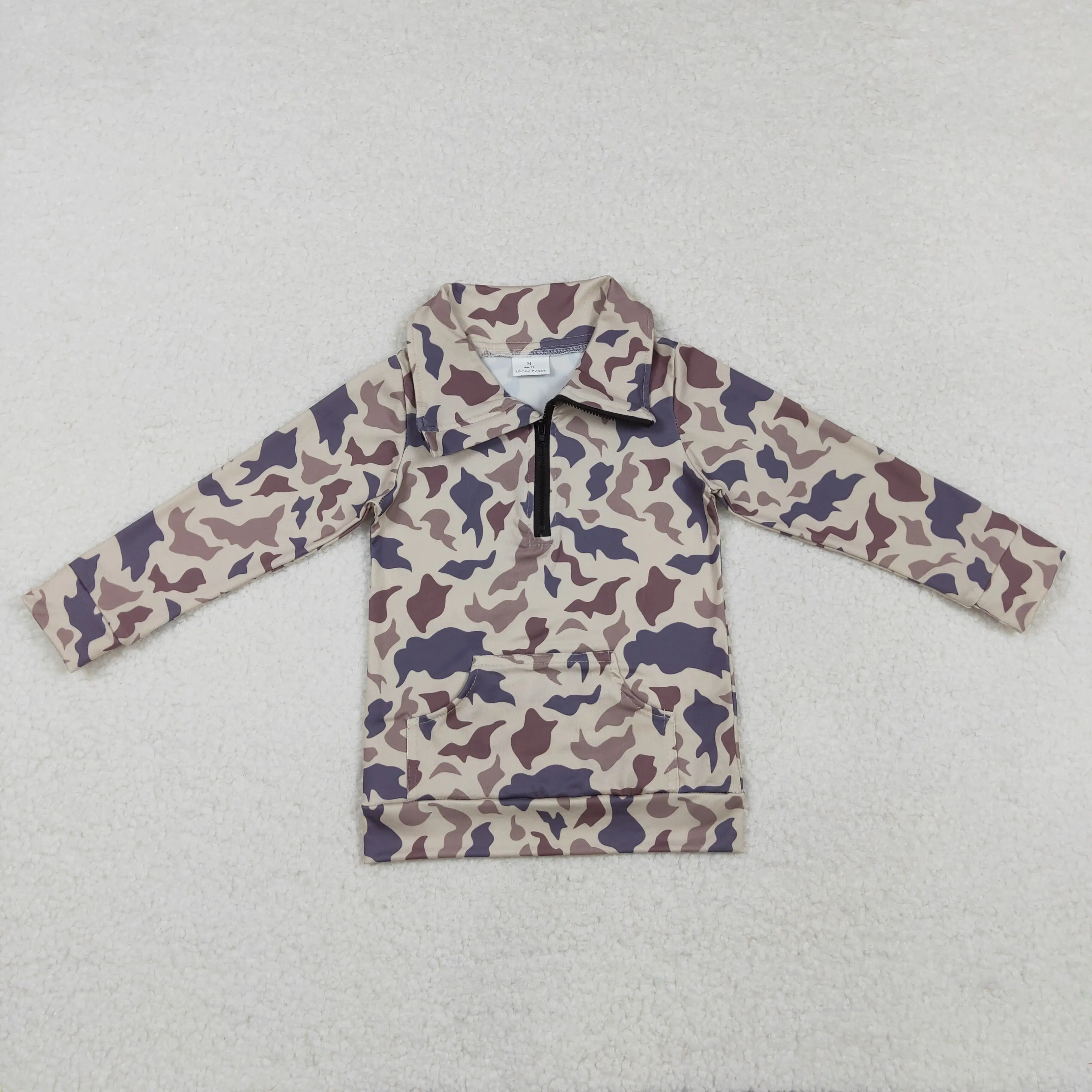BT1037 Summer baby boy clothes Pocket camouflage light brown zippered long sleeve top Boutique kids clothes boys