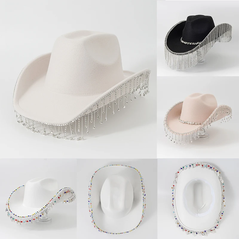 Cowboy Hat with Rhinestone Fringe Wedding Party Hats for Women Men Fedoras hat Feather Letter Accessory Party Denim Hat cowboy hats cowgirl hats