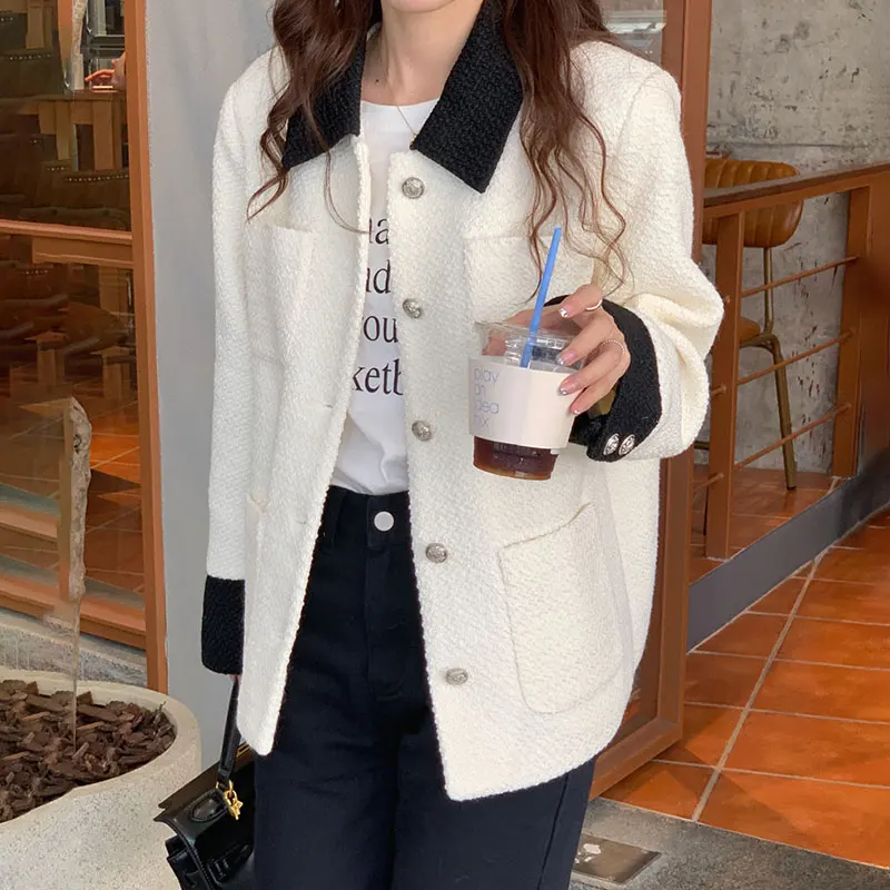 

Clothland Women Office Wear White Black Tweed Jacket Single Breasted Turn Down Collar Long Sleeve Casual Outwear Coat CA523