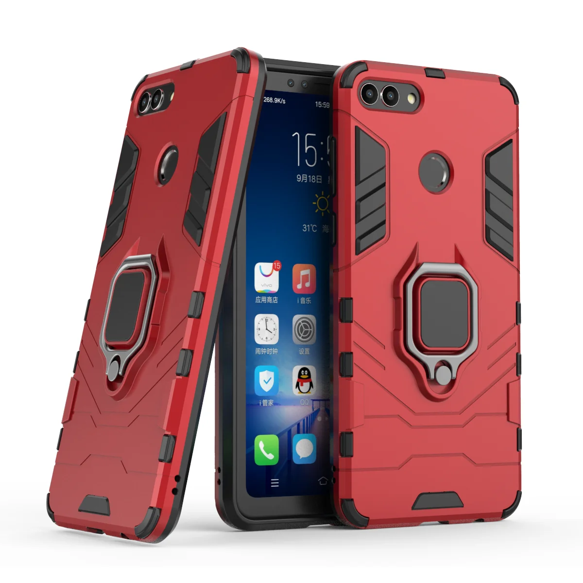 Rugged Armor Shockproof Case with Metal Ring Stand and Bumper Protection
