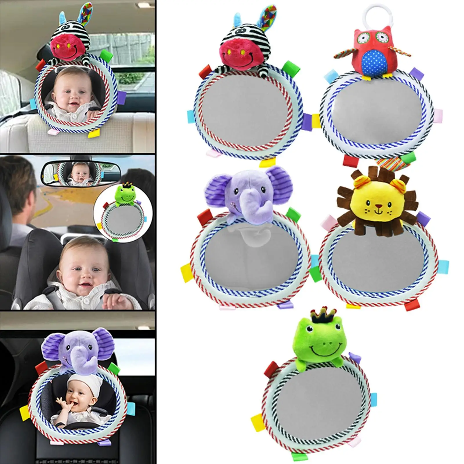 Baby Car Mirror Back Seat Rear View Mirror Cartoon Animal Plush Toys Adjustable Rear Facing Mirrors For Baby Stroller Toys