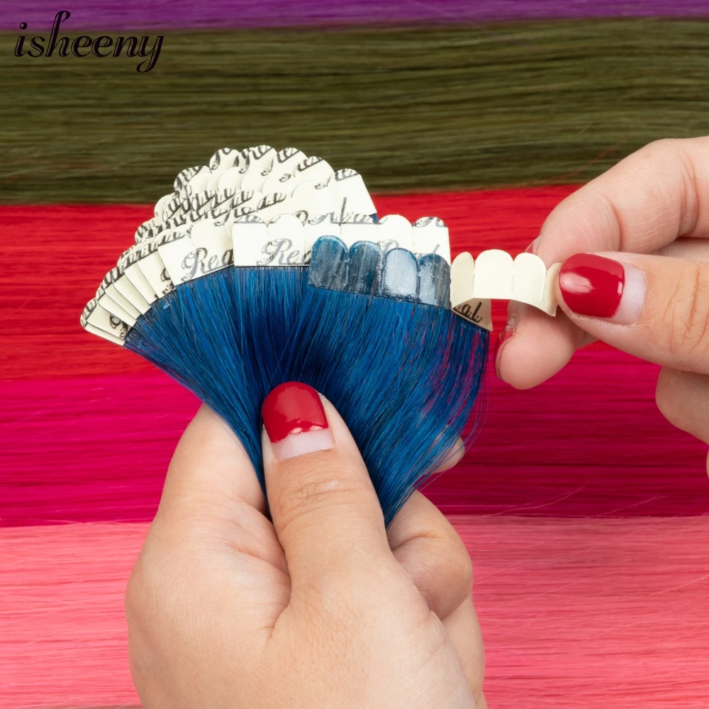 Isheeny Mini Tape Hair Extensions 10pcs Machine Made Remy Hair Seamless On Glue Real Human Fancy Color