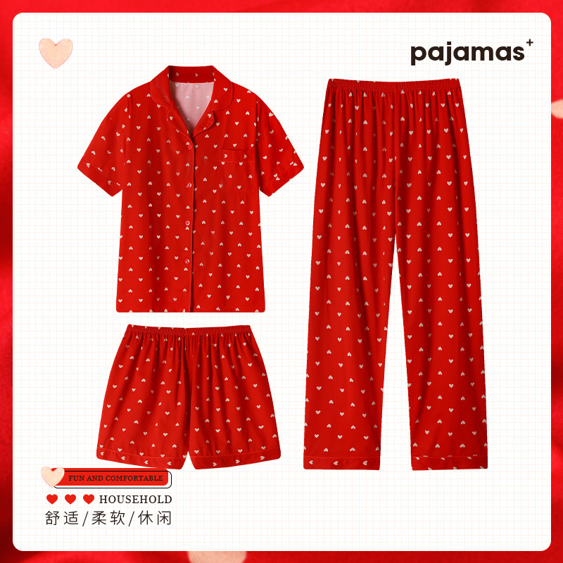 Spring and Summer Pajamas Female New Love Big Red Short-Sleeved Shorts Three-Piece Senior Sense of Leisure Pajamas Homewear Set
