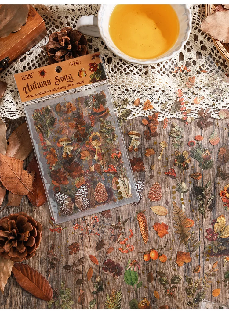 8 Blatt Vintage-Herbstblätter-Aufkleber, Kreativität, dekoratives Handkonto, Tagebuch, Scrapbooking-Material, Junk-Journal-Zubehör – Detail 3