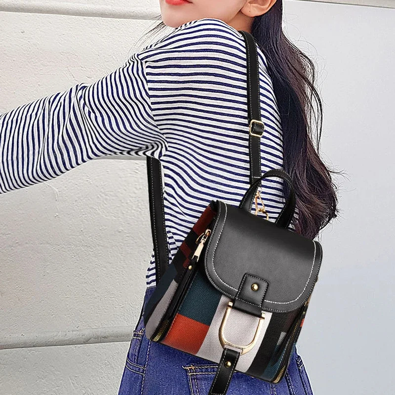 PU Leather Plaid Backpack Splicing Backpack for Women Multi-Function Knapsack Teenager School Bag Leisure Lock Backpack 3