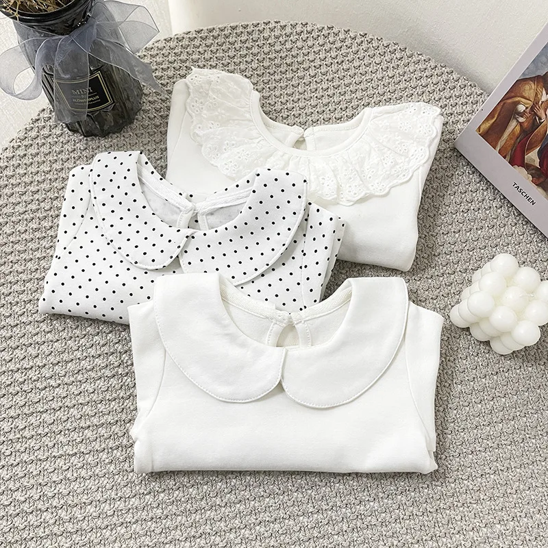 1623B Baby T-shirt Spring Autumn Children Doll Collar Long Sleeve Bottoming Shirt 0-3T Girl's Bottoming Tops Sweet T Shirt