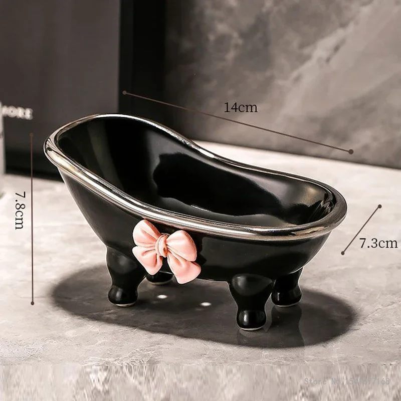 Cute Bow Knot Ceramic Soap Box, Creative Light Luxury, High, Beauty, Home Bathroom Decor Supplies, Thickened, Waterproof, 1Pc