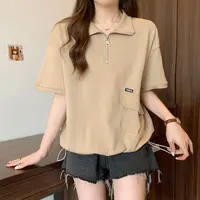 Polo Zipper T Shirts Women Summer Casual Loose Short Sleeve Pullover 2025 new Korean Lady Fashion Shirring Black Tops - Image 3
