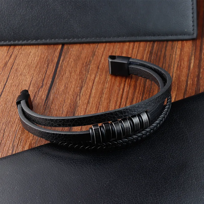 Knit Stainless Steel Genuine Leather Rope Black Vintage Black Bracelet Men Charms Gift